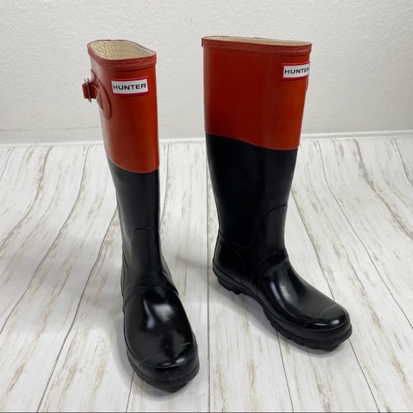 Hunter Shoes - Hunter Orange Red and Black Color Block Rubber Rain Boots